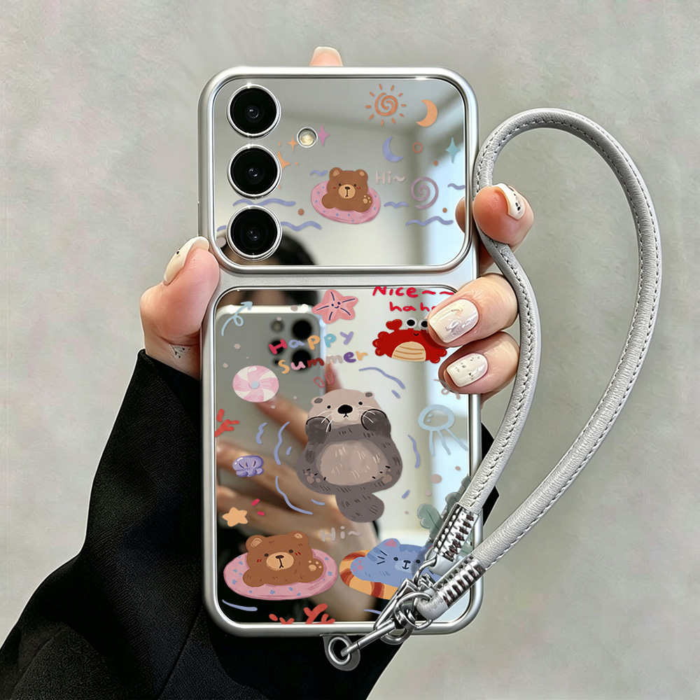 Phone Cases Galaxy A16 5G - เคสกระจกพร้อมสายคล้องลายหมีการ์ตูน สำหรับ Samsung A16 A17 A55