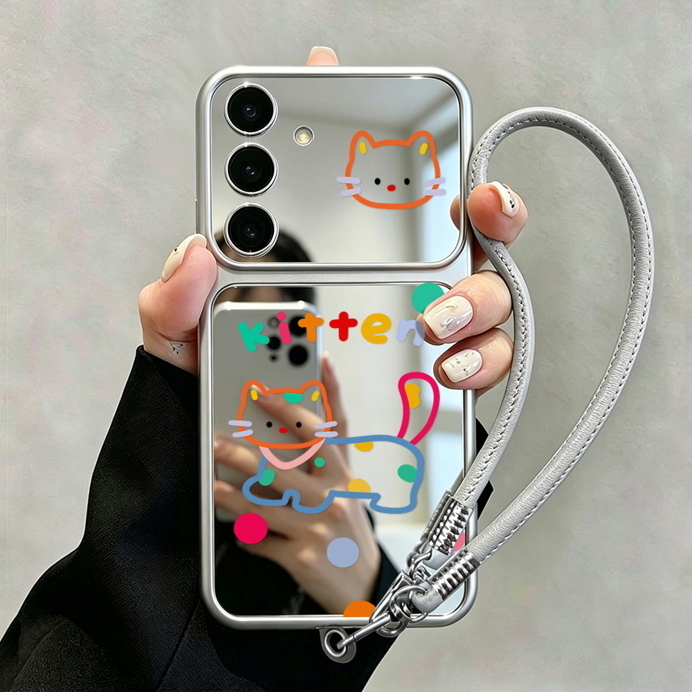 Phone Cases Galaxy A16 5G - เคสกระจกพร้อมสายคล้องโทรศัพท์ลายแมวน่ารัก สำหรับ Samsung A55 5G A56